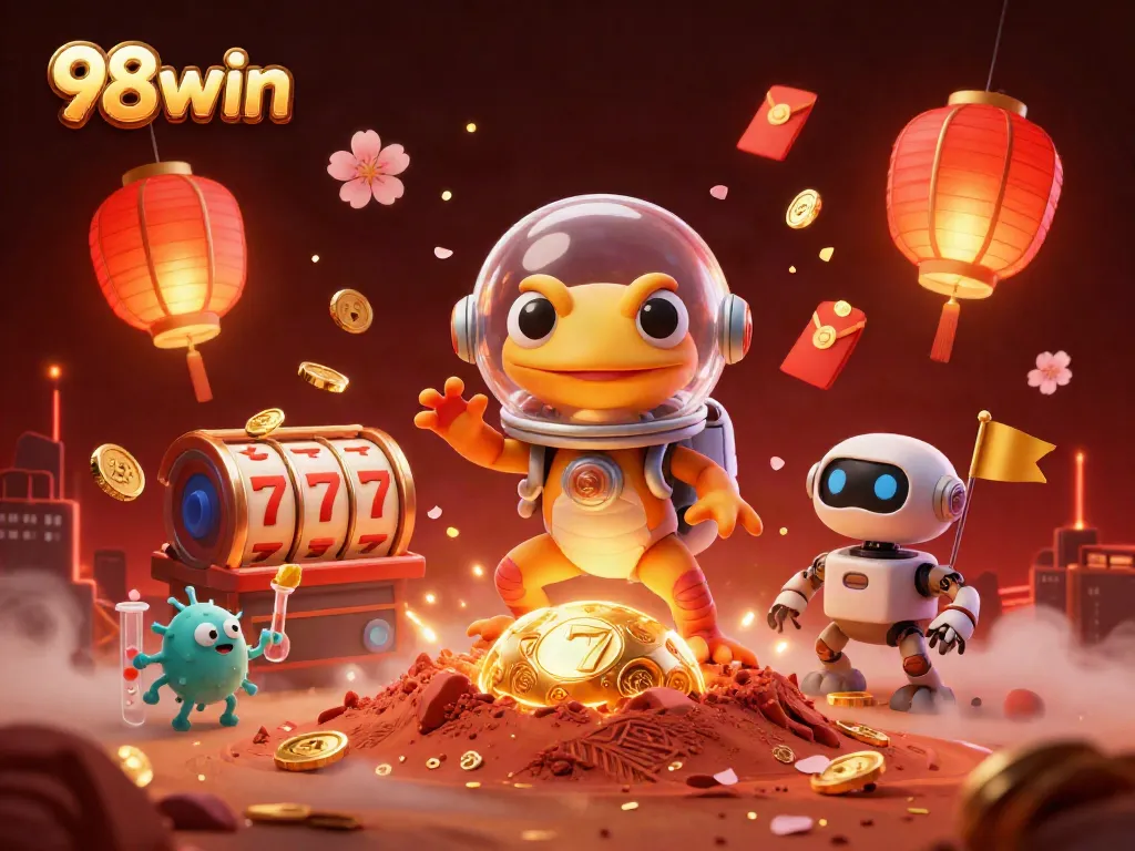 Engage with 98win in a colorful casino scene filled with golden rewards and dynamic game elements.
