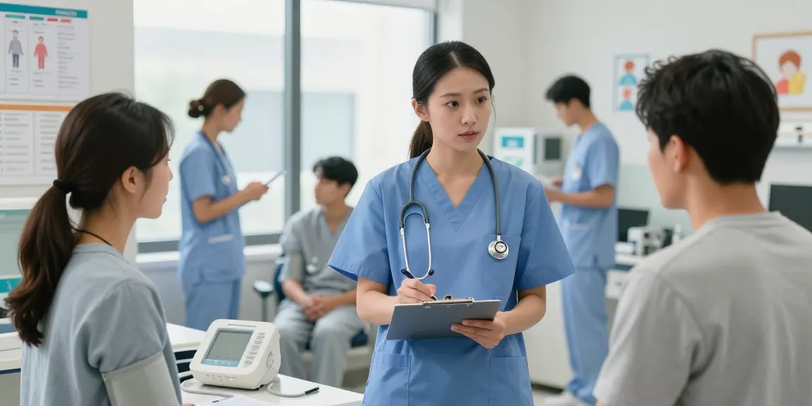 Nurse utilizing a Littmann stethoscope while caring for a patient in a lively clinic setting.