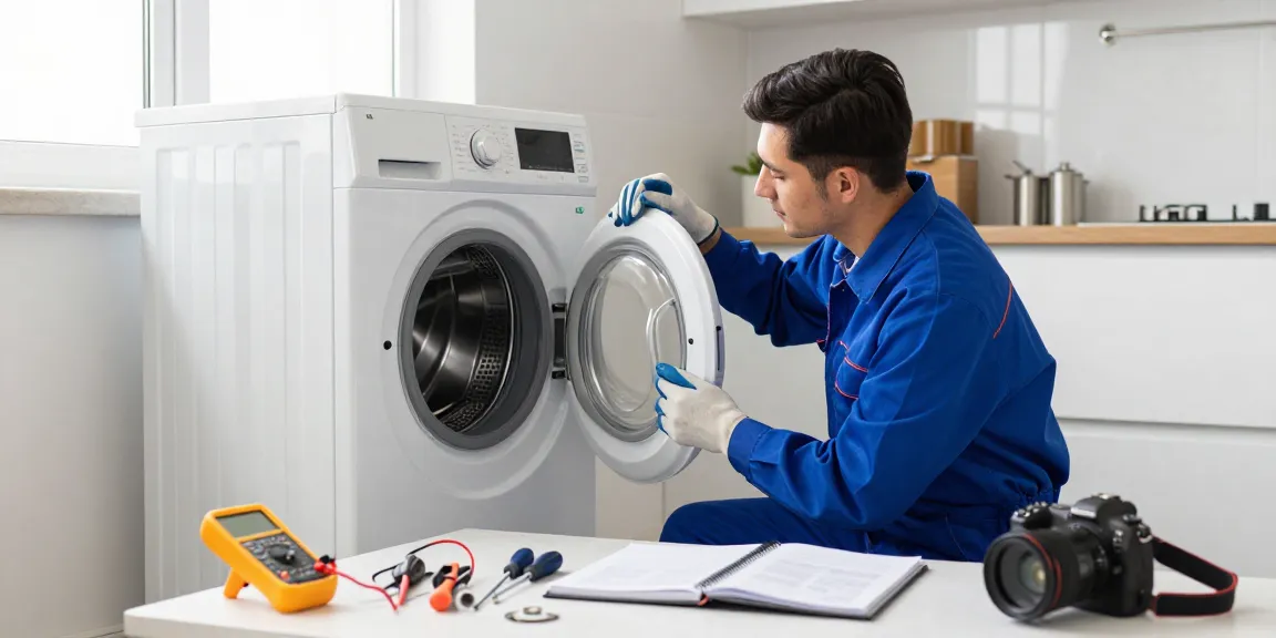 Appliance Repair Vaughan technician inspecting washing machine parts with essential tools in a bright kitchen.