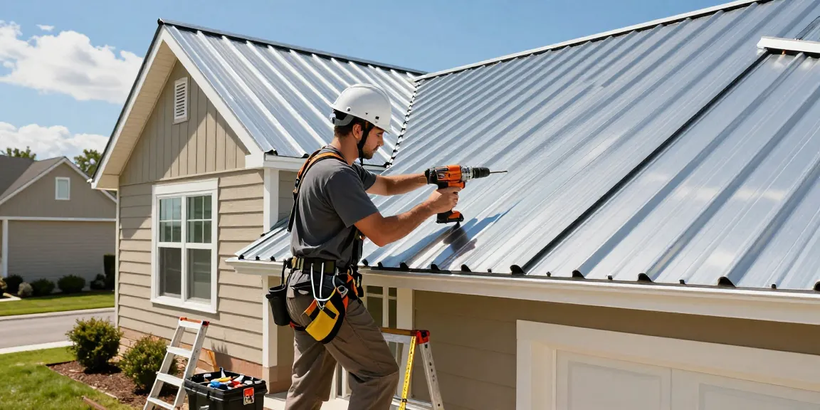 Metal roofing installation in Toronto, featuring a contractor using tools on a sunny day.