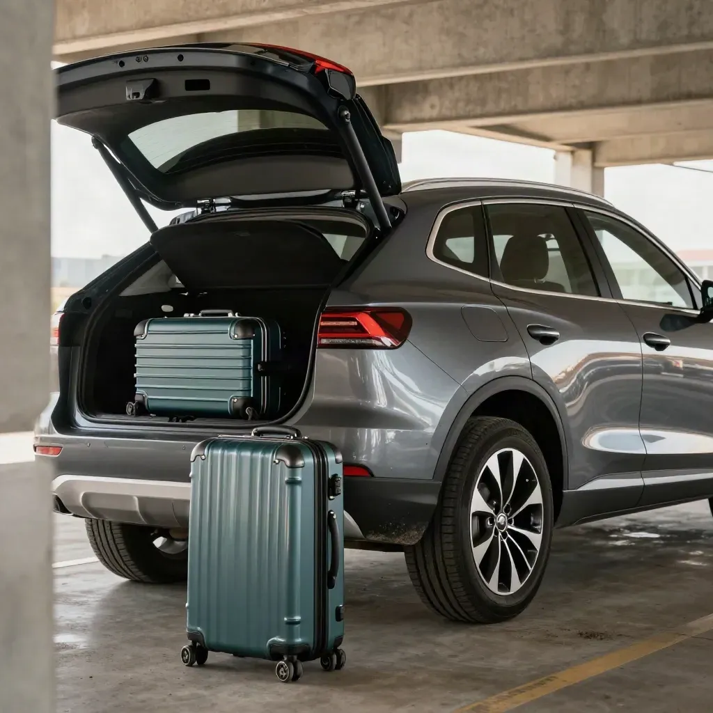 Loaded rental SUV with open hatch and suitcases in an airport garage.
