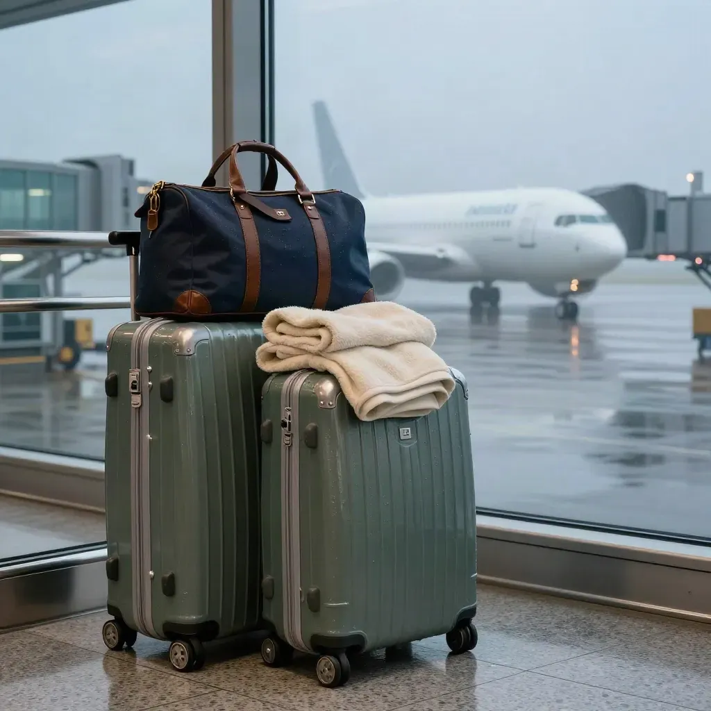 Suitcases and travel bag by a misty airport window at first light, plane in the background