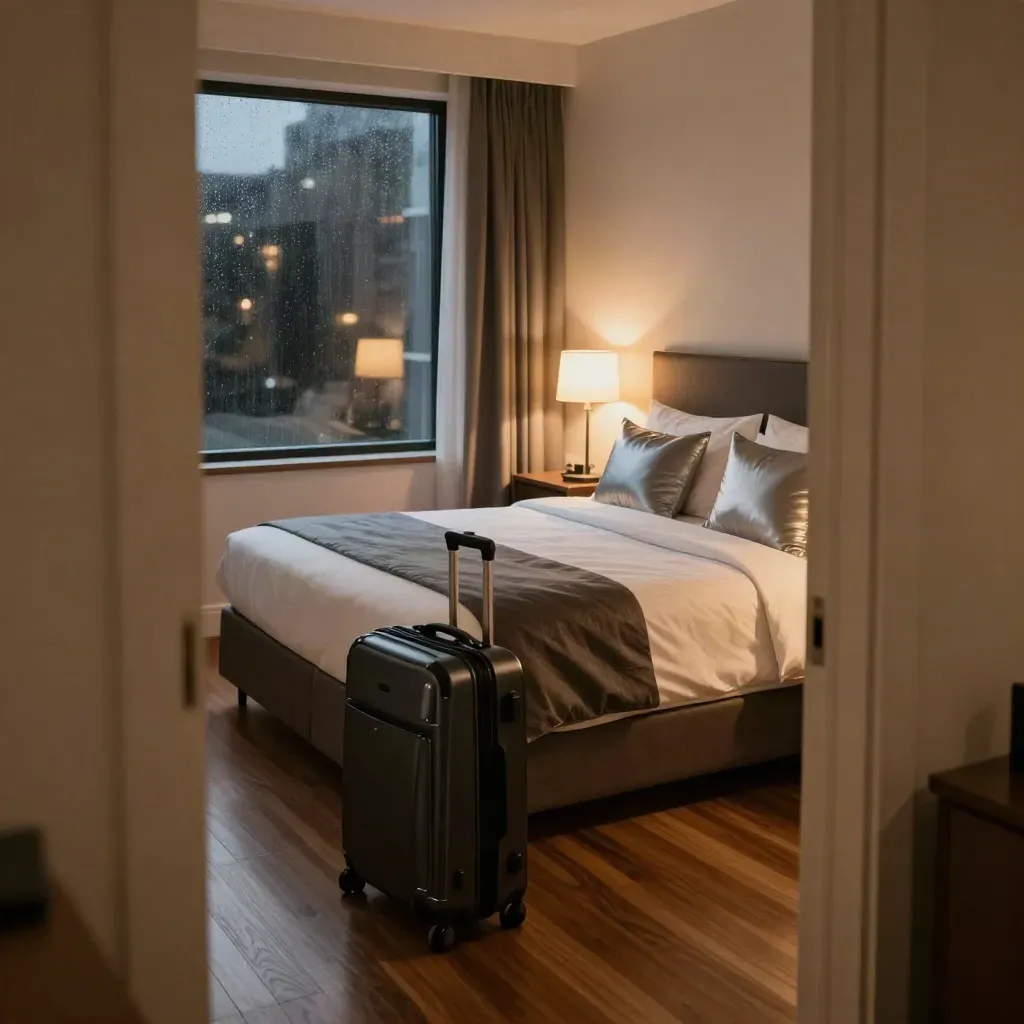 Neat hotel room with glowing lamps, carry-on by the bed, and city lights beyond the window.