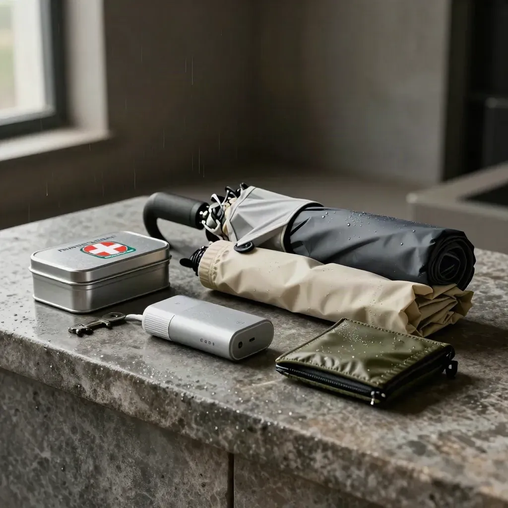 Travel insurance kit on a stone counter with tin, umbrella, rain shell, charger and pouch in storm haze.