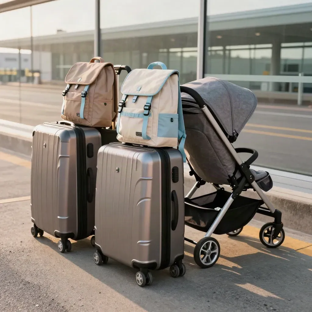 Four suitcases, two backpacks, and a folded stroller at a sunny airport curb.