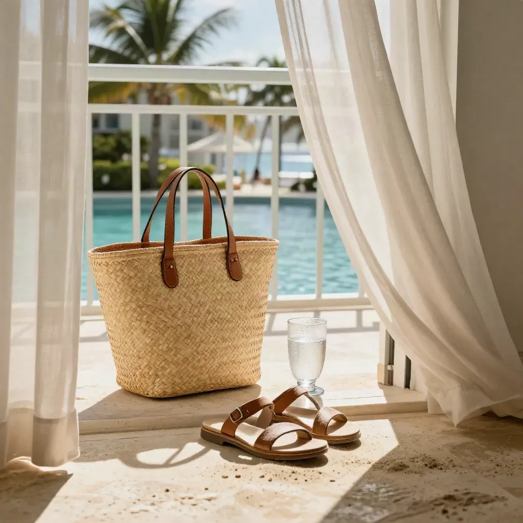 Balcony with beach bag, sandals, condensation glass, billowing curtains and pool view.