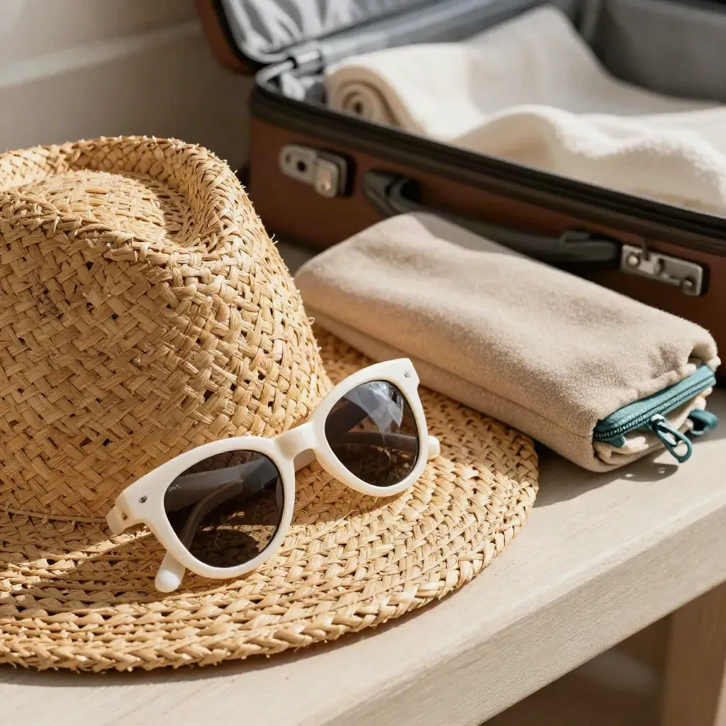 Woven sun hat brim, sunglasses case, linen scarf, and travel pouch in close-up.