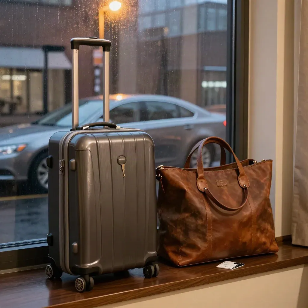 Hotel room luggage and a sedan outside for an Ottawa business trip extension.