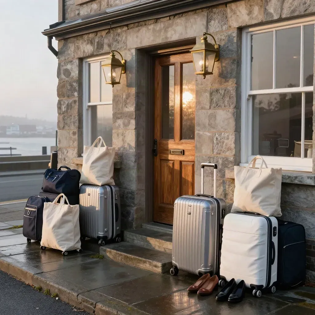 Cream garment bags and suitcases at a Halifax inn by the sea at dusk.