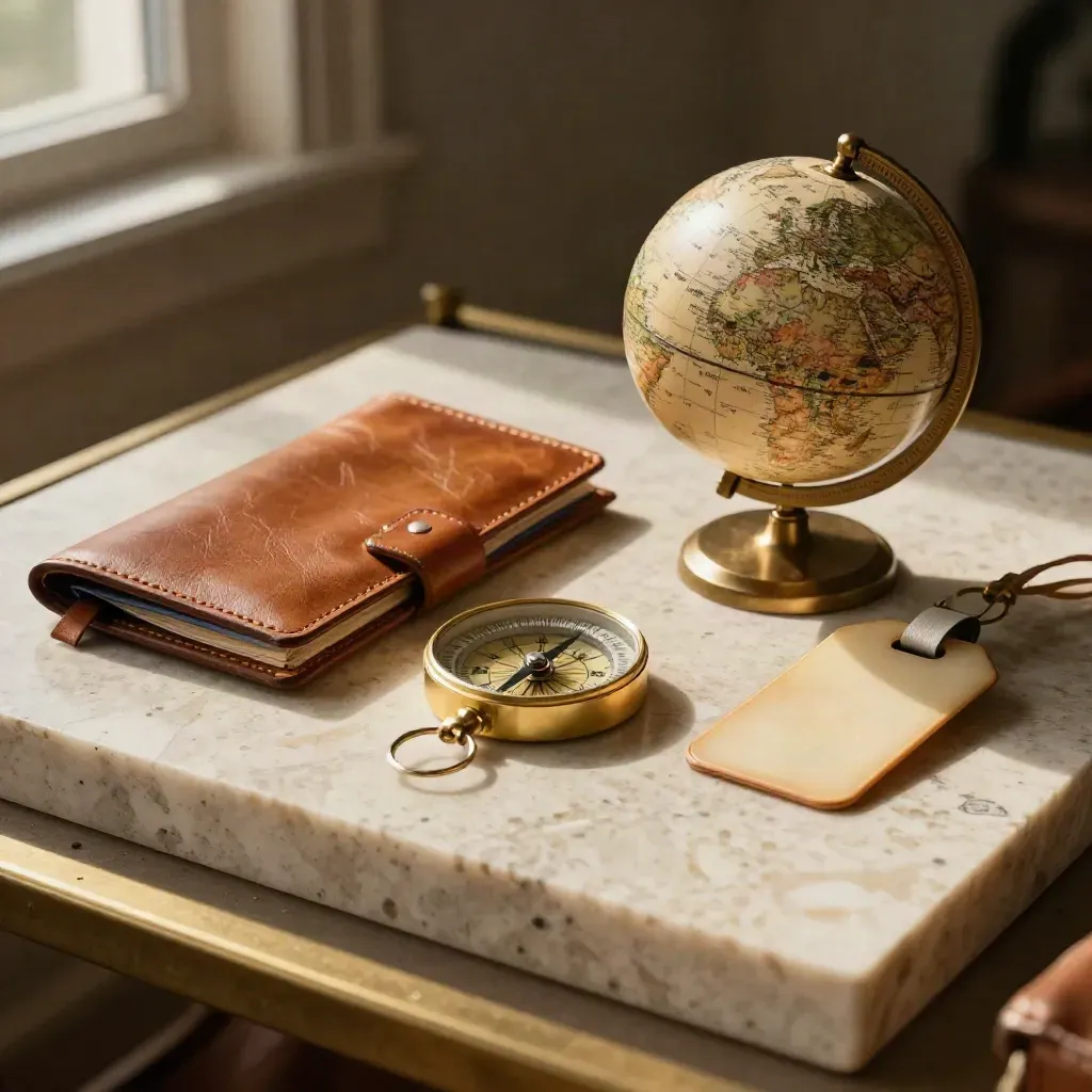 Macro travel advisor toolkit on travertine with brass compass and leather folio