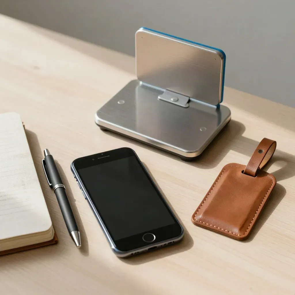 Travel planning tools on pale wood: phone, notebook, pen, luggage tag and scale