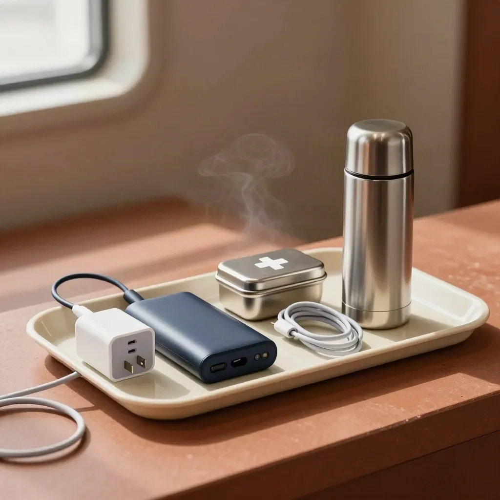 Trip-support travel essentials on a terracotta tray with a thermos, adapter, power bank, cable, and first-aid tin