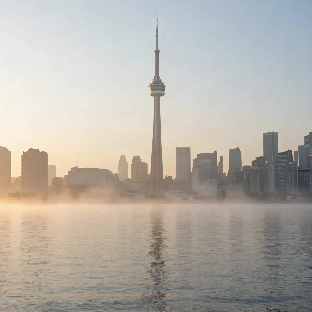 CN Tower over Lake Ontario at sunrise with misty Toronto skyline