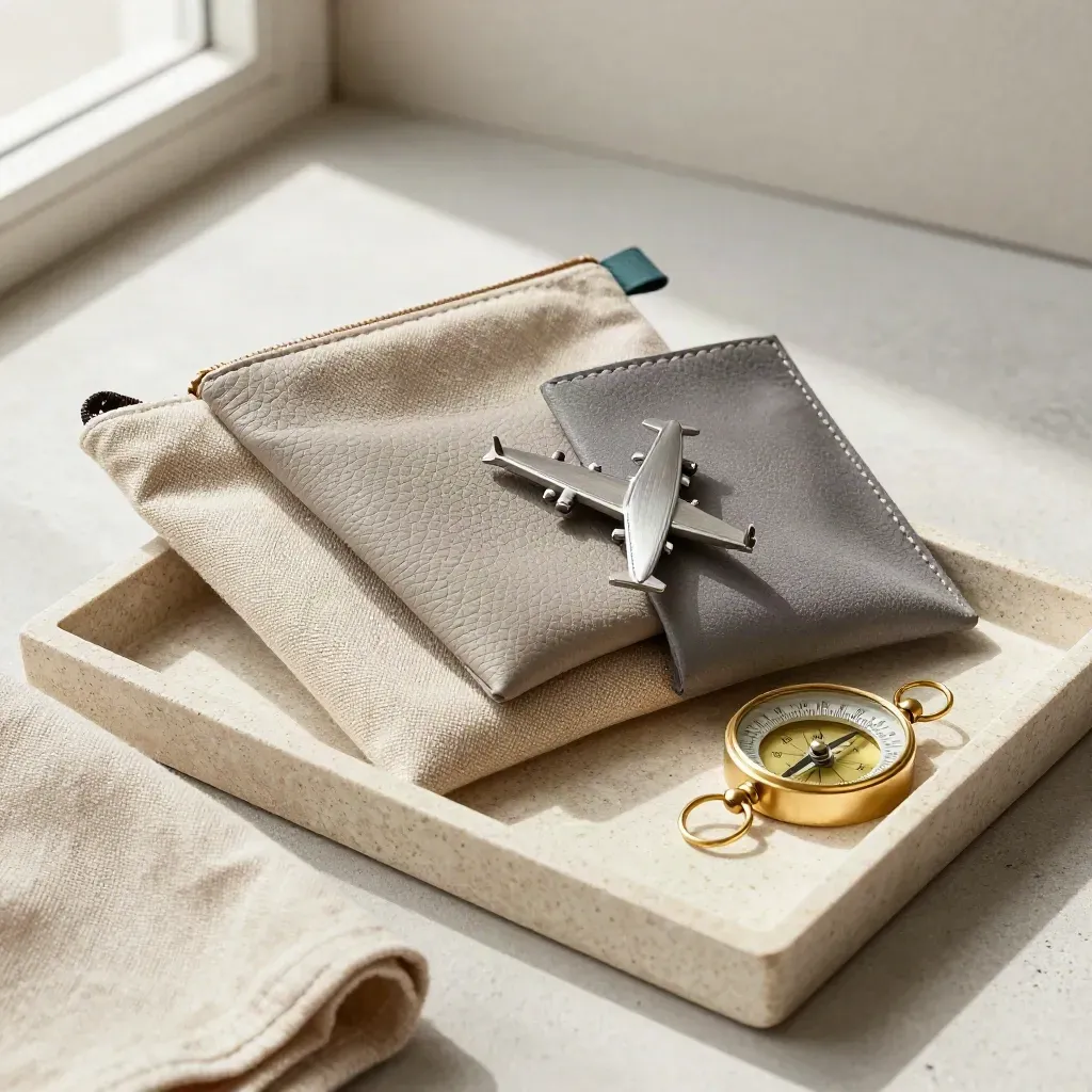 Travel pouches, a miniature plane, and brass compass on a stone tray with soft light.