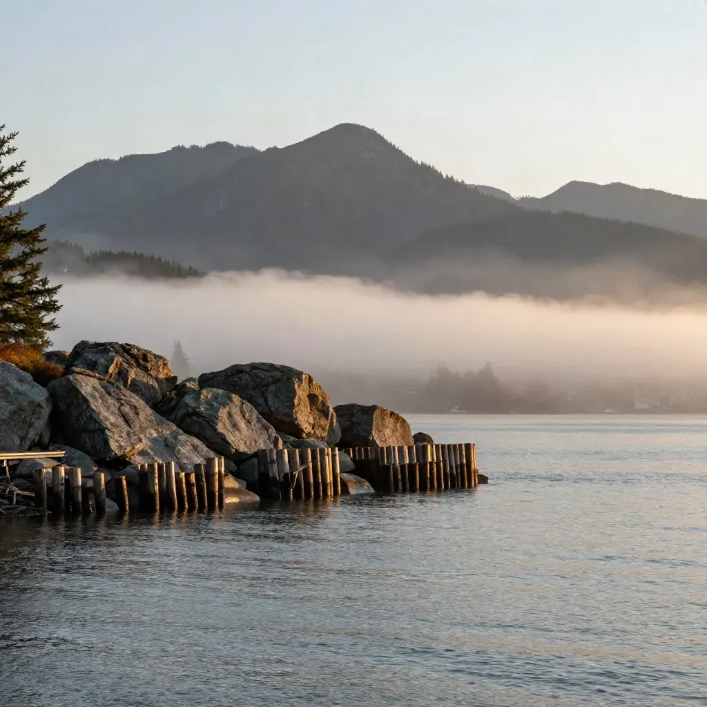 Dawn over Vancouver harbour with misty North Shore mountains and calm water in British Columbia.