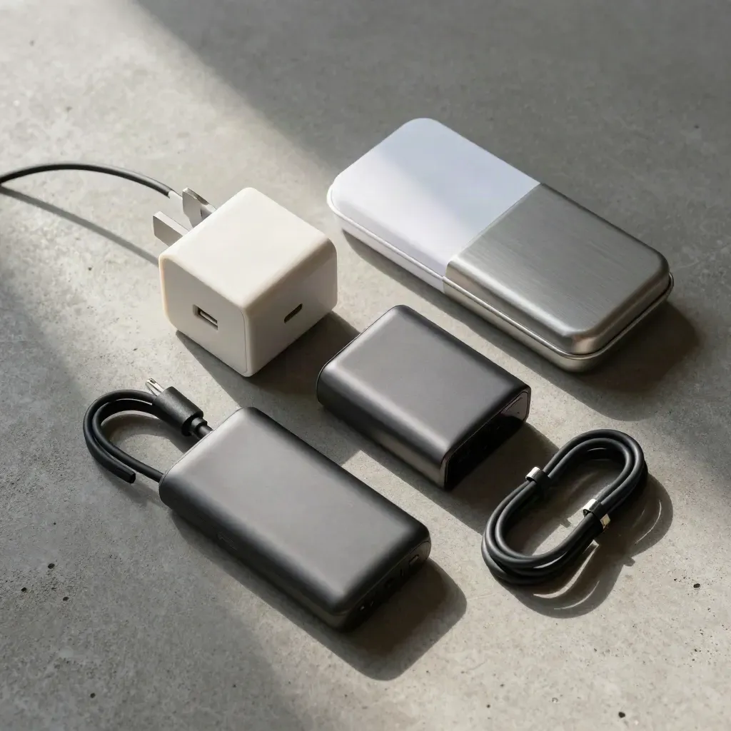 Overhead travel support kit with adapter, power bank, cable and medicine tin on concrete.