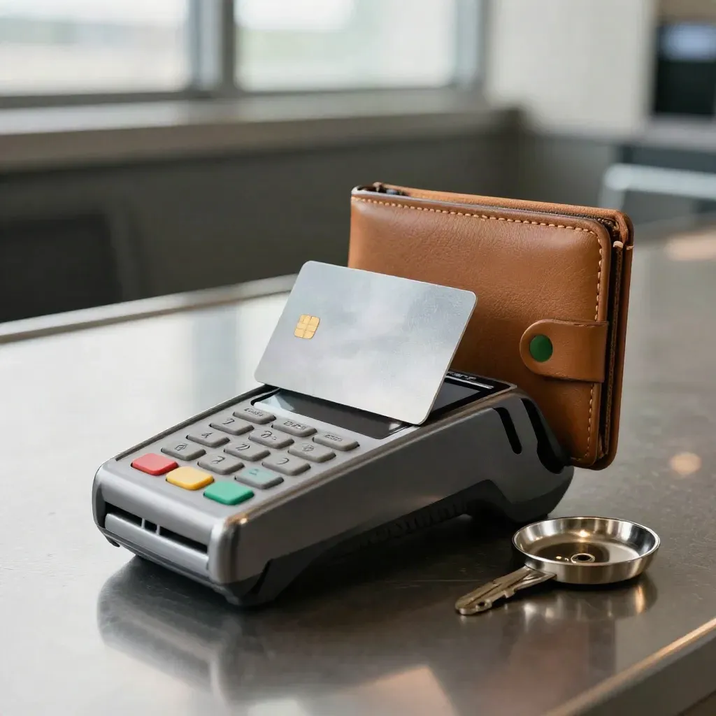 Card reader, metal payment card, wallet, and key dish on a brushed counter