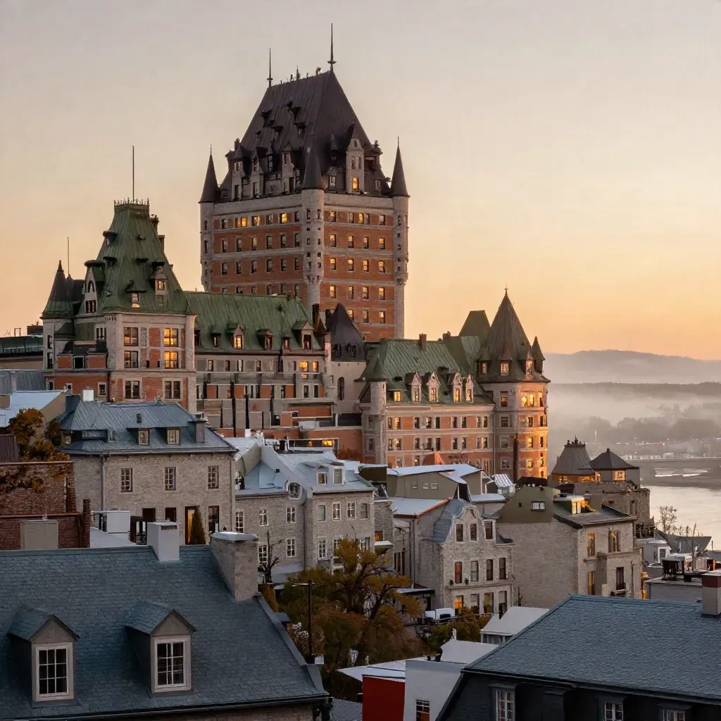 Quebec City skyline with Château Frontenac above amber mist and calm twilight space for copy