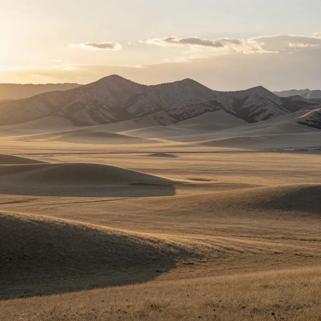 Golden Alberta foothills and a distant city edge under warm evening haze, with calm prairie below.