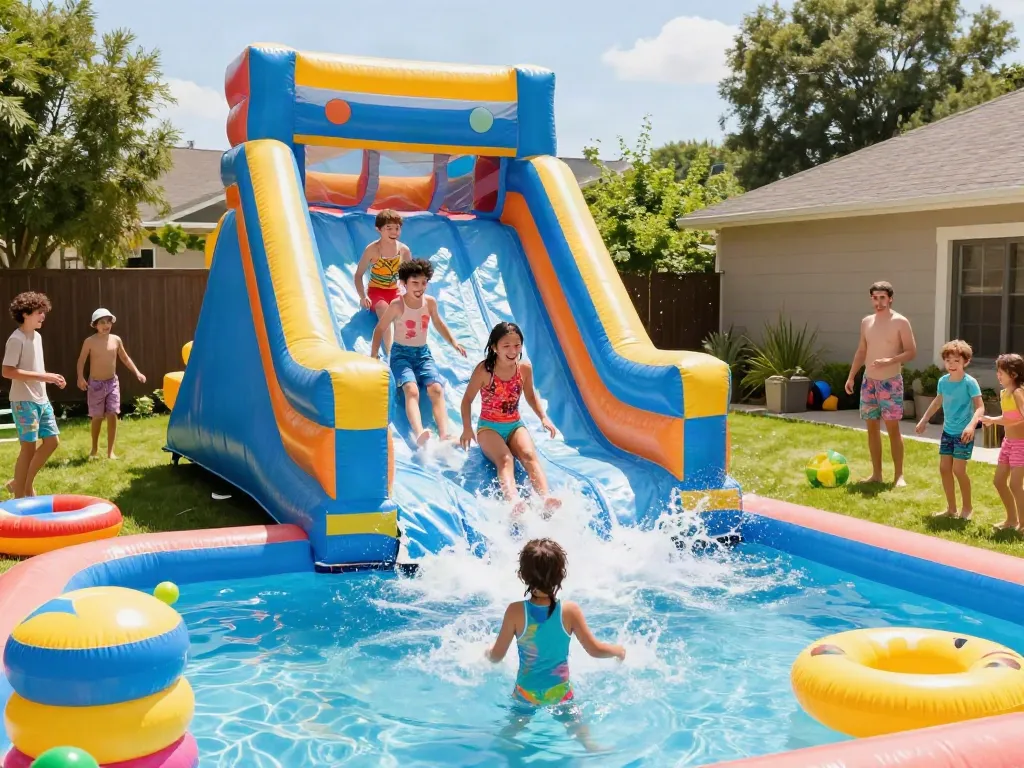Children enjoying a colorful inflatable water slide in a lively backyard.