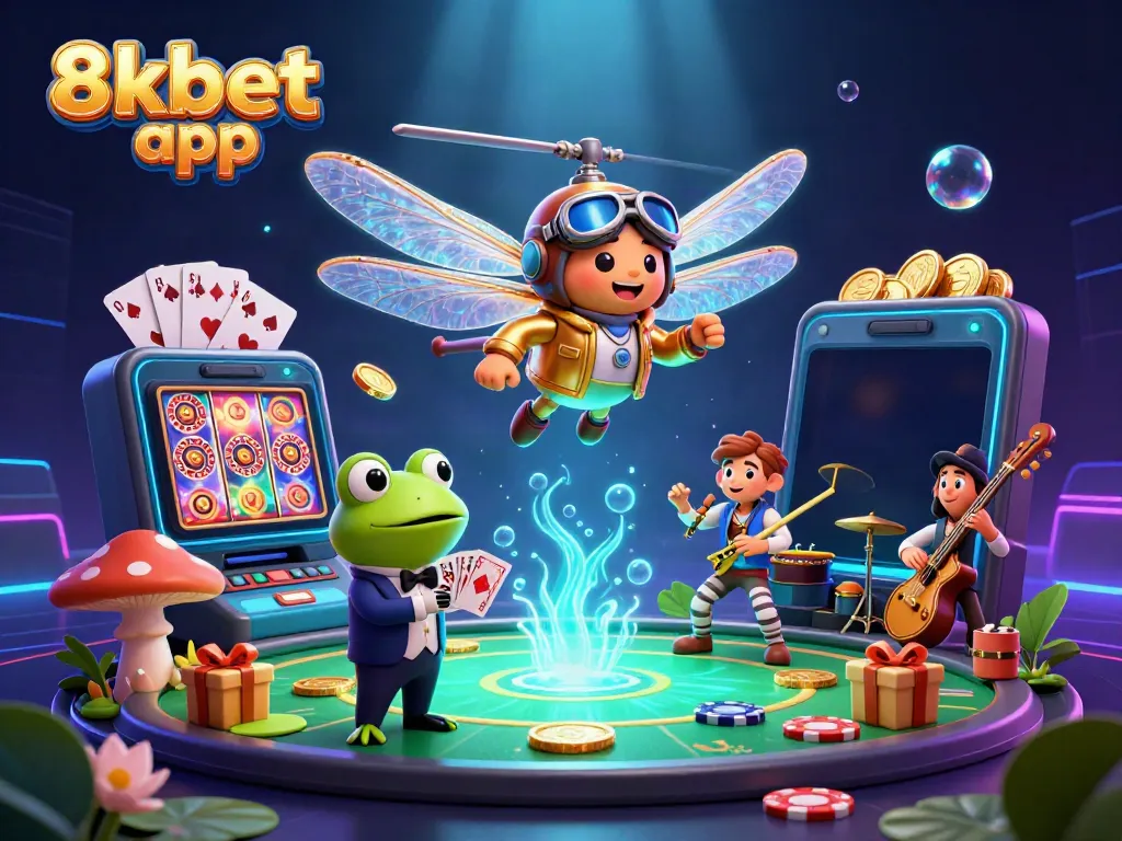 Experience thrilling gaming with the 8xbet app in a vibrant underwater casino scene featuring a dragonfly pilot and frog dealer.