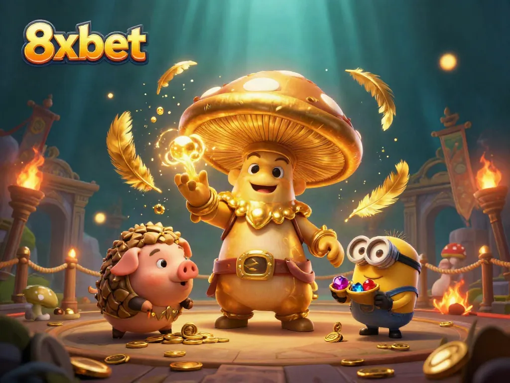 Experience exciting moments at 8xbet with interactive golden mushrooms and treasures in 3D.