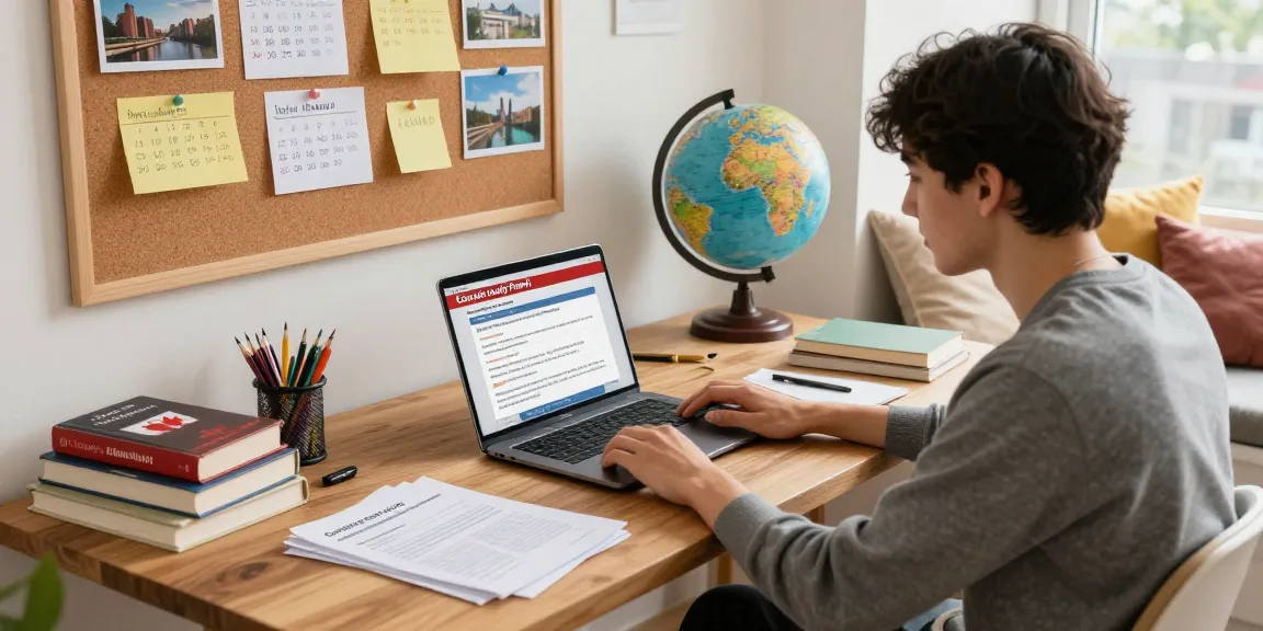 International student engaged in the Canada study permit application process at a cozy desk with books and reminders.