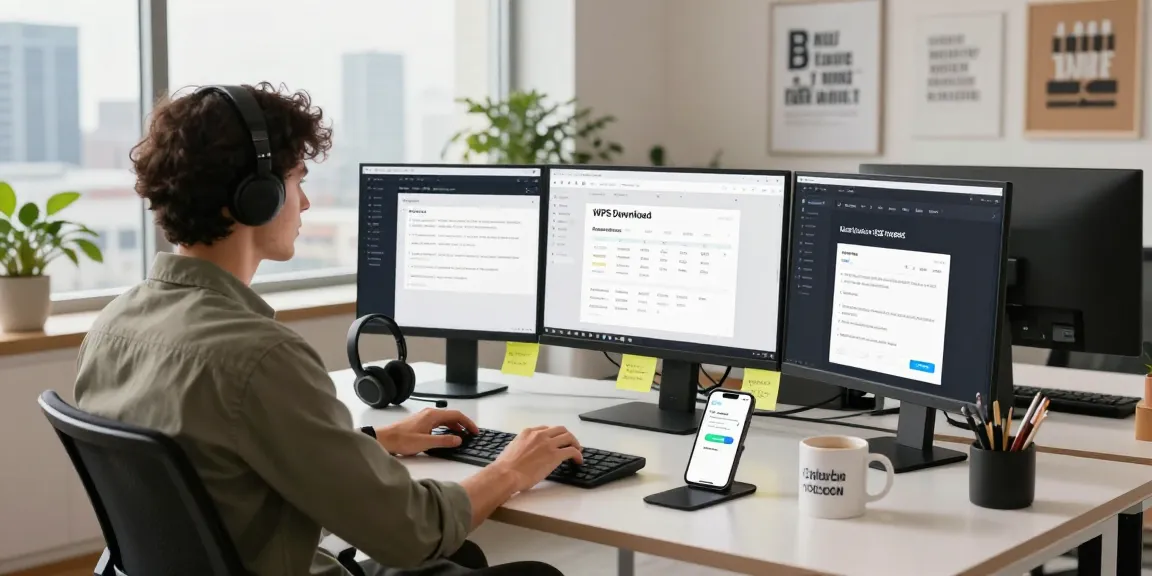 WPS Download interface displayed on multiple screens in a modern tech workspace, representing productivity and innovation.
