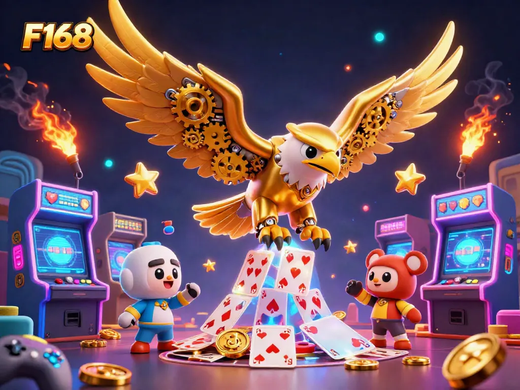 Engage with F168's vibrant gaming world featuring an epic 3D casino illustration of a golden eagle amidst online gambling elements.