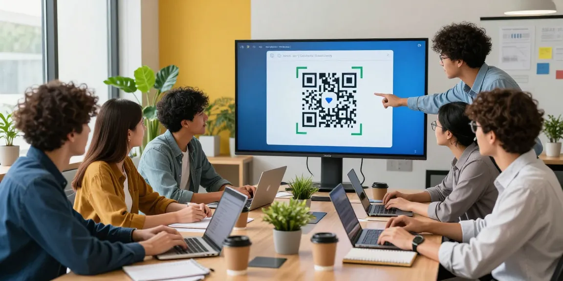 Create QR Code in a vibrant office collaboration scene showcasing tech professionals creating QR codes.
