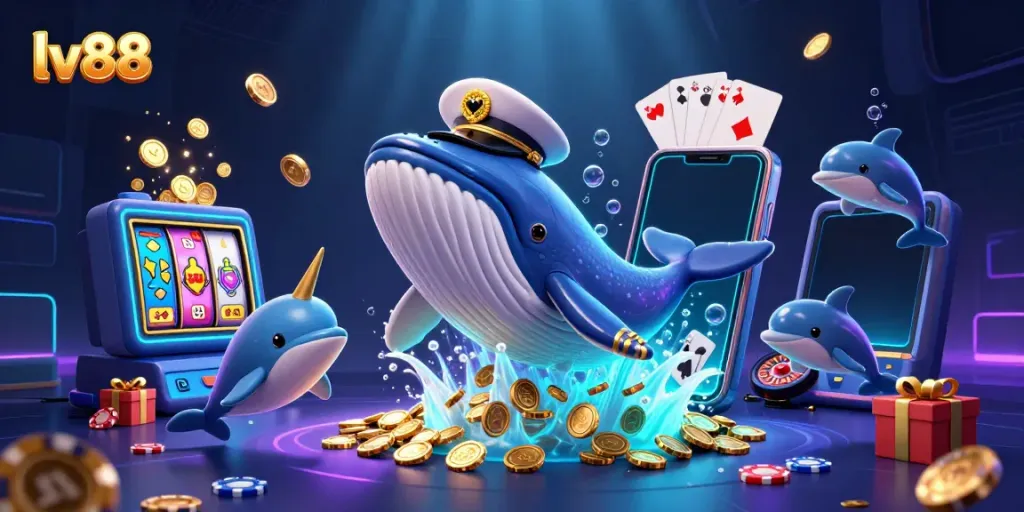Experience thrilling gaming action at lv88 with an adventurous whale and playful creatures in a dynamic casino setting.