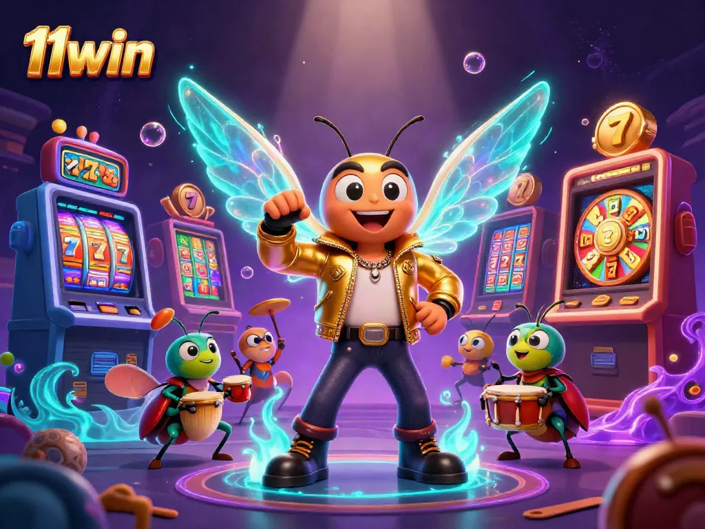 Engage with exciting games at 11win featuring a cartoon cicada rock star and vibrant casino elements.