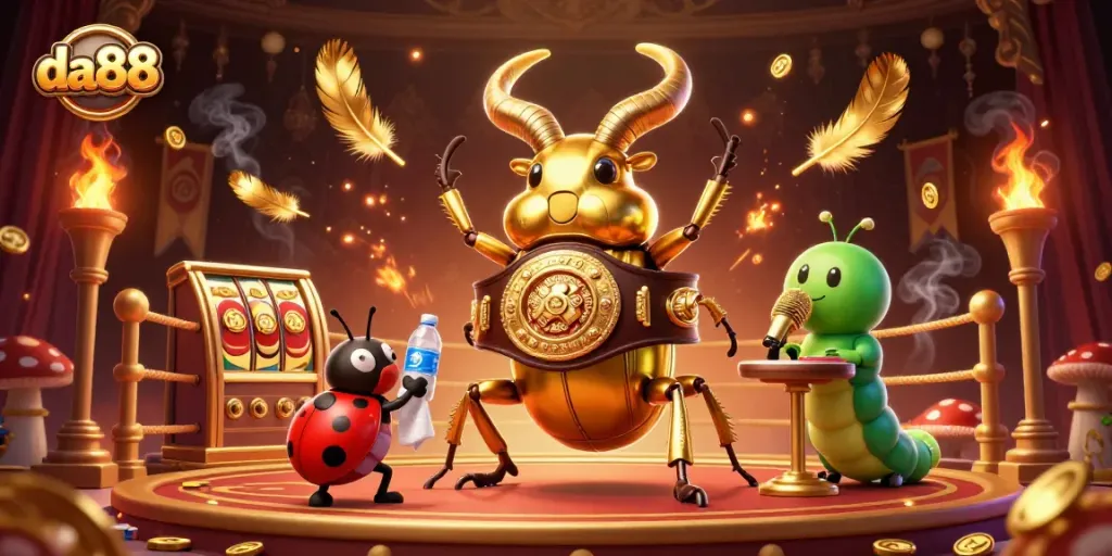 da88 features a golden stag beetle in a casino environment, surrounded by rich gaming elements.