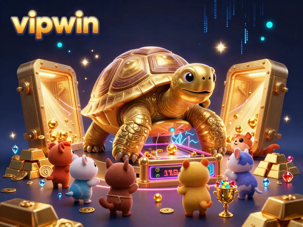 Experience thrilling gaming moments with vipwin's colossal golden tortoise and treasure-filled scene.